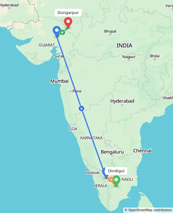 Route map showing distance and travel time from Dindigul, India to Dungarpur, India