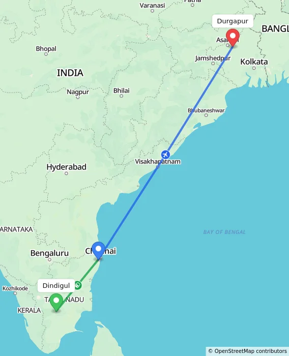 Route map showing distance and travel time from Dindigul, India to Durgapur, India