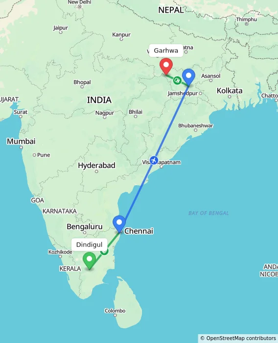 Route map showing distance and travel time from Dindigul, India to Garhwa, India