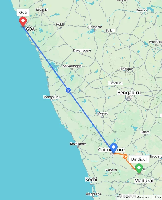 Route map showing distance and travel time from Dindigul, India to Goa, India
