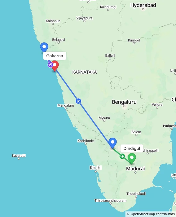 Route map showing distance and travel time from Dindigul, India to Gokarna, India