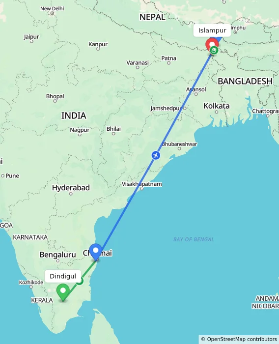 Route map showing distance and travel time from Dindigul, India to Islampur, India