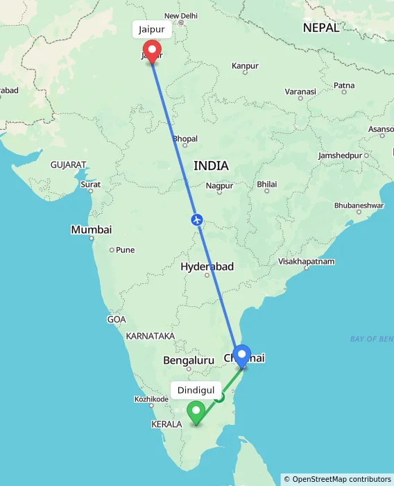 Route map showing distance and travel time from Dindigul, India to Jaipur, India