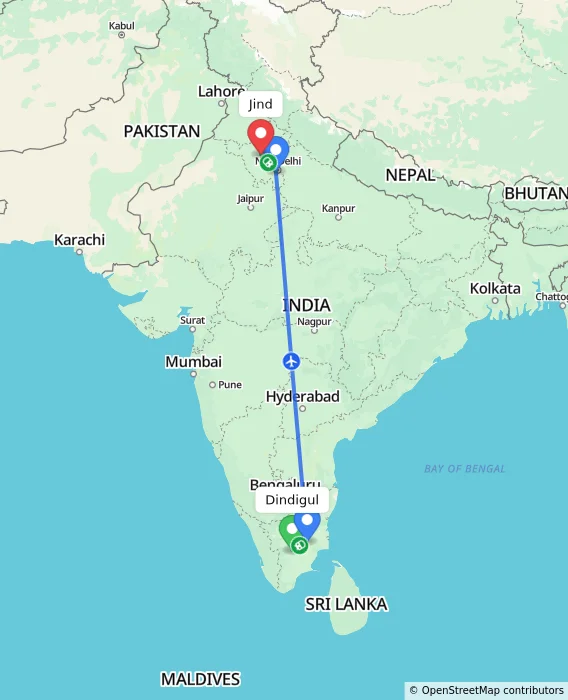 Route map showing distance and travel time from Dindigul, India to Jind, India