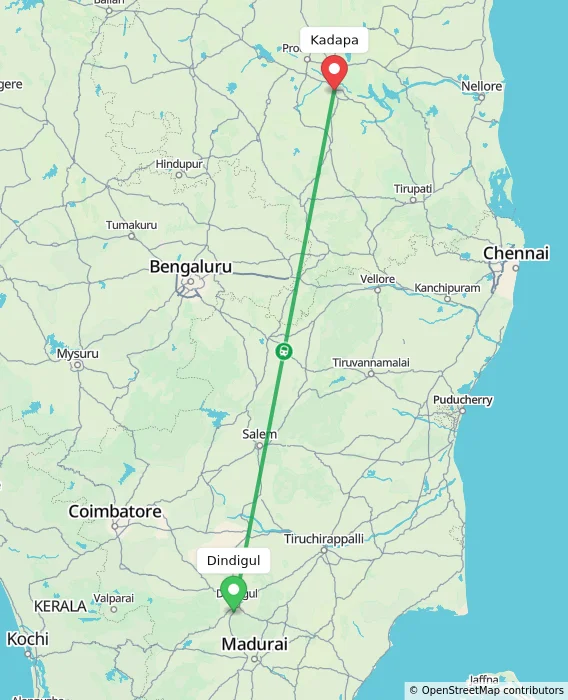 Route map showing distance and travel time from Dindigul, India to Kadapa, India