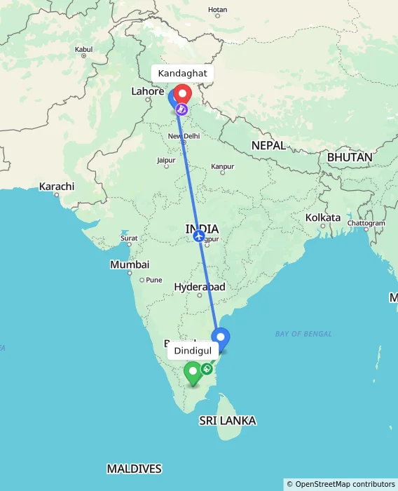 Route map showing distance and travel time from Dindigul, India to Kandaghat, India