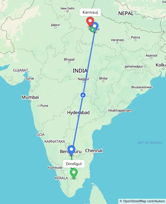 Route map showing distance and travel time from Dindigul, India to Kannauj, India