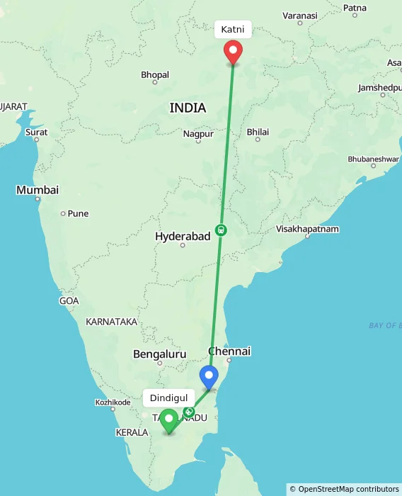 Route map showing distance and travel time from Dindigul, India to Katni, India