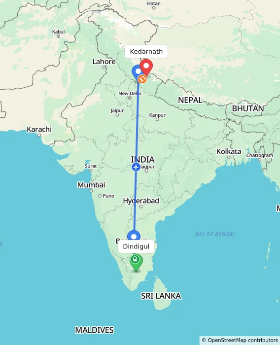 Route map showing distance and travel time from Dindigul, India to Kedarnath, India