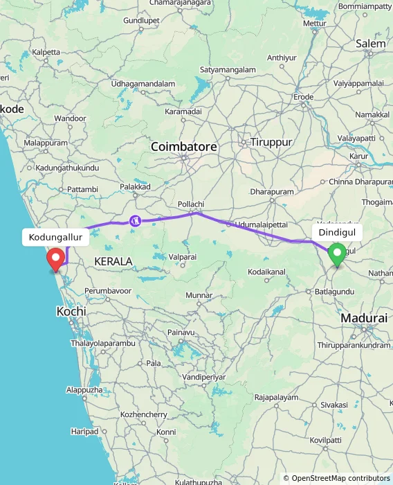 Route map showing distance and travel time from Dindigul, India to Kodungallur, India