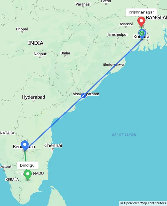 Route map showing distance and travel time from Dindigul, India to Krishnanagar, India