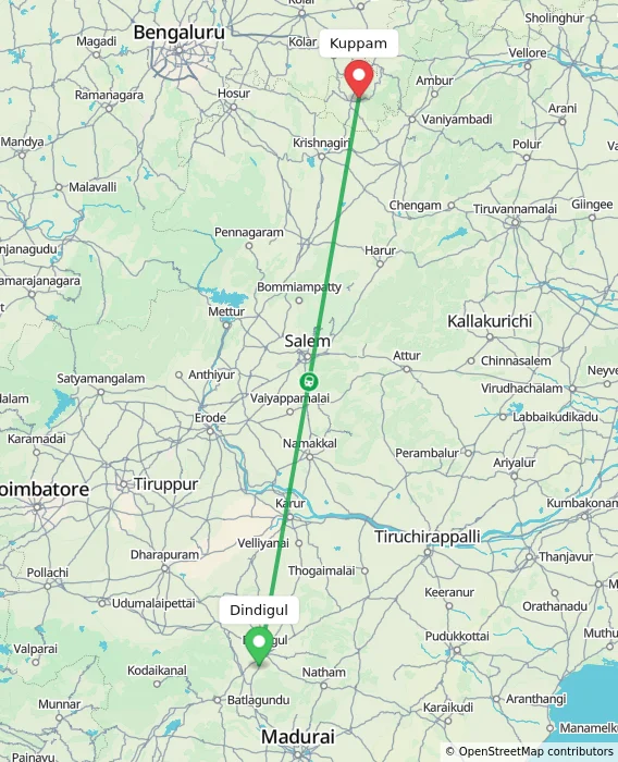 Route map showing distance and travel time from Dindigul, India to Kuppam, India