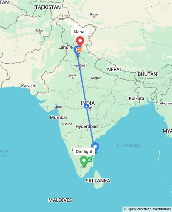 Route map showing distance and travel time from Dindigul, India to Manali, India