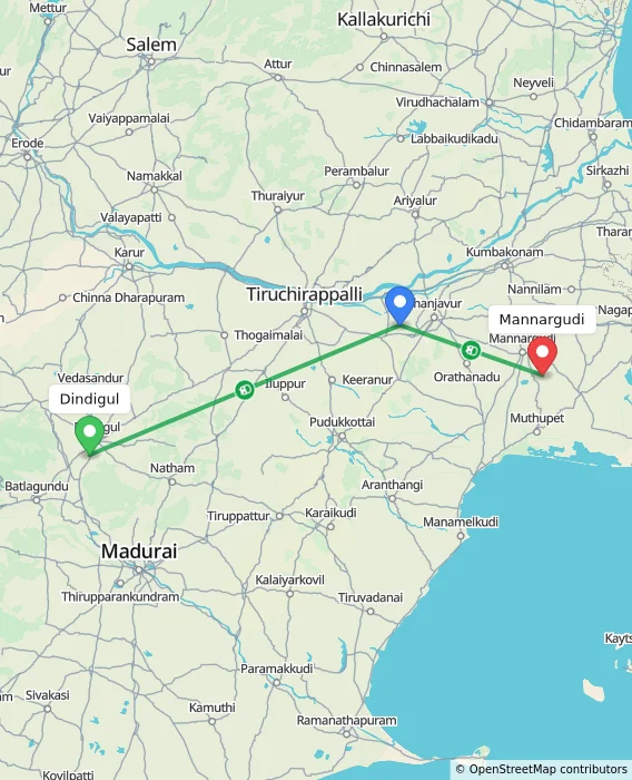 Route map showing distance and travel time from Dindigul, India to Mannargudi, India
