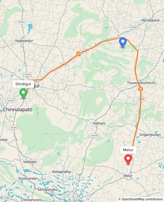 Route map showing distance and travel time from Dindigul, India to Melur, India