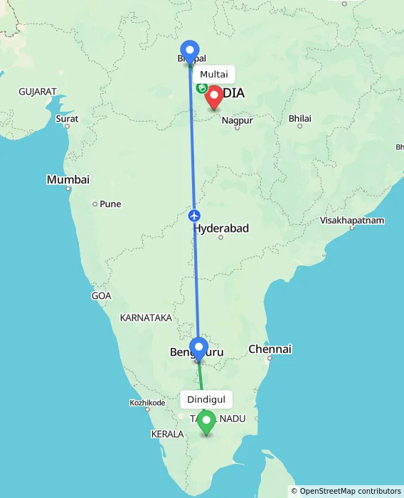 Route map showing distance and travel time from Dindigul, India to Multai, India