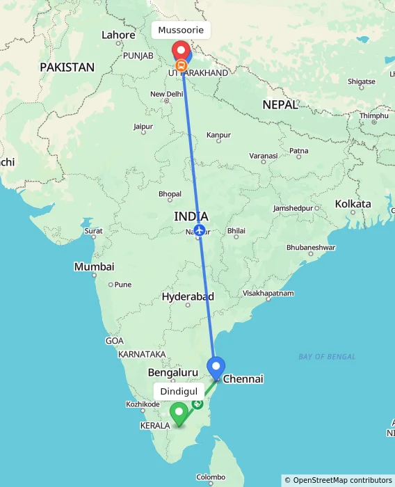 Route map showing distance and travel time from Dindigul, India to Mussoorie, India