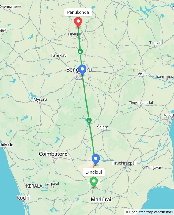 Route map showing distance and travel time from Dindigul, India to Penukonda, India