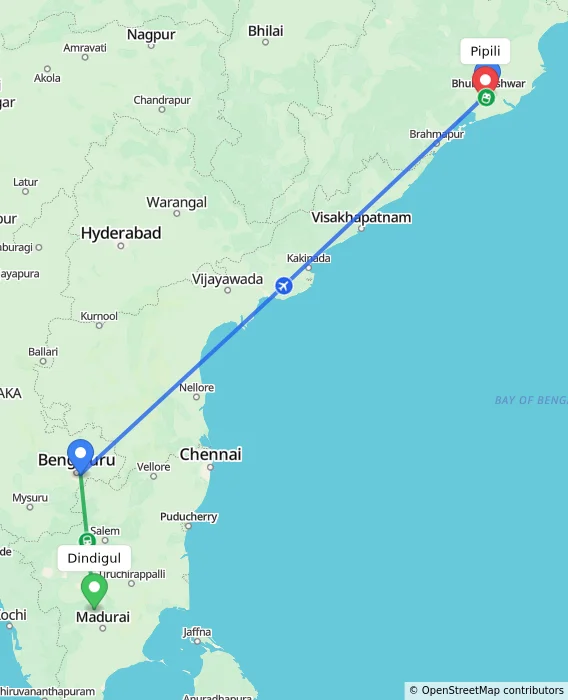 Route map showing distance and travel time from Dindigul, India to Pipili, India