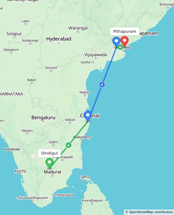 Route map showing distance and travel time from Dindigul, India to Pithapuram, India