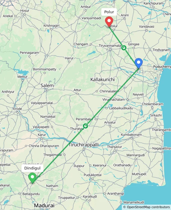 Route map showing distance and travel time from Dindigul, India to Polur, India