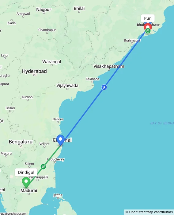 Route map showing distance and travel time from Dindigul, India to Puri, India