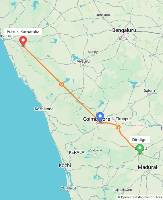 Route map showing distance and travel time from Dindigul, India to Puttur, Karnataka, India
