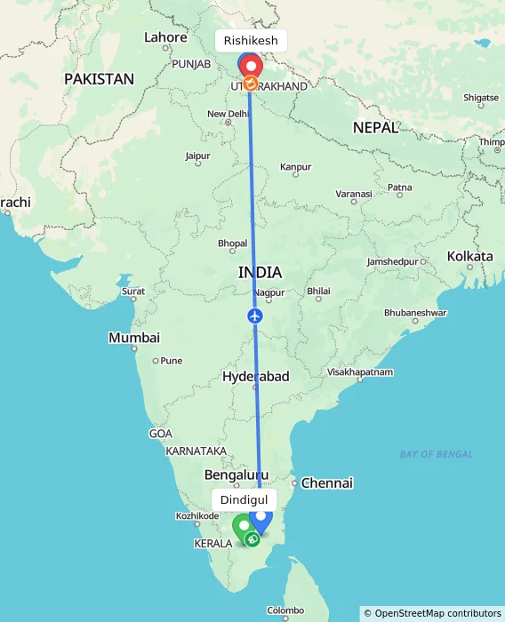 Route map showing distance and travel time from Dindigul, India to Rishikesh, India