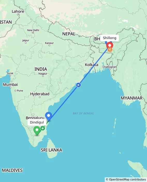Route map showing distance and travel time from Dindigul, India to Shillong, India