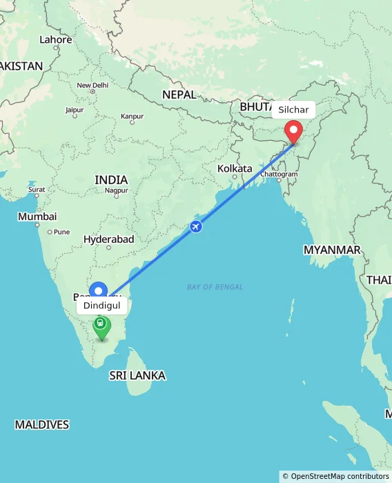 Route map showing distance and travel time from Dindigul, India to Silchar, India
