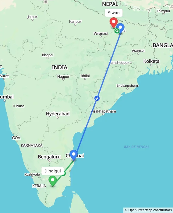 Route map showing distance and travel time from Dindigul, India to Siwan, India