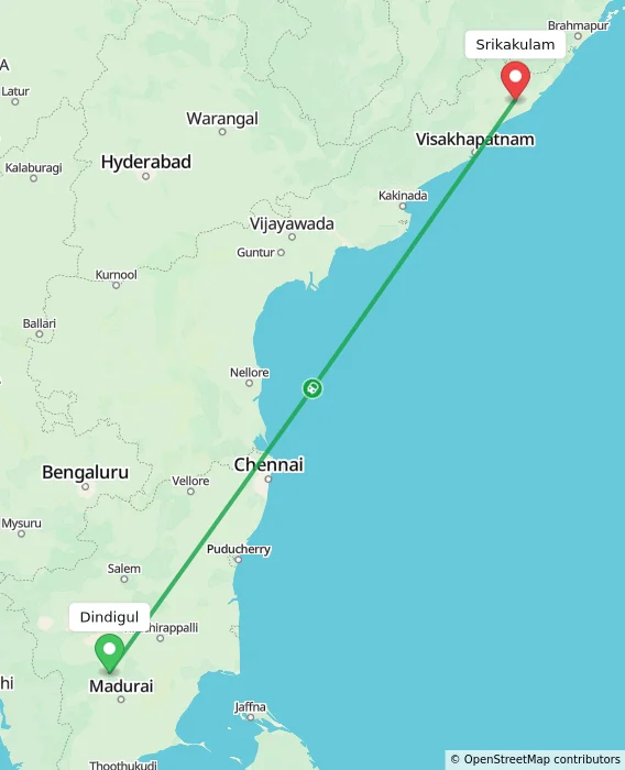 Route map showing distance and travel time from Dindigul, India to Srikakulam, India