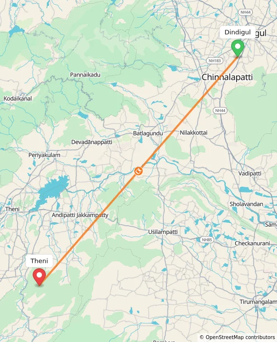 Route map showing distance and travel time from Dindigul, India to Theni, India