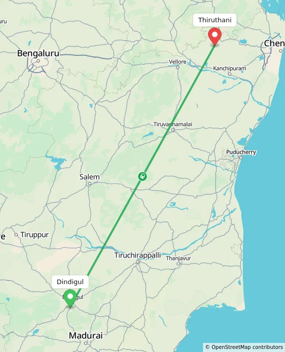 Route map showing distance and travel time from Dindigul, India to Thiruthani, India