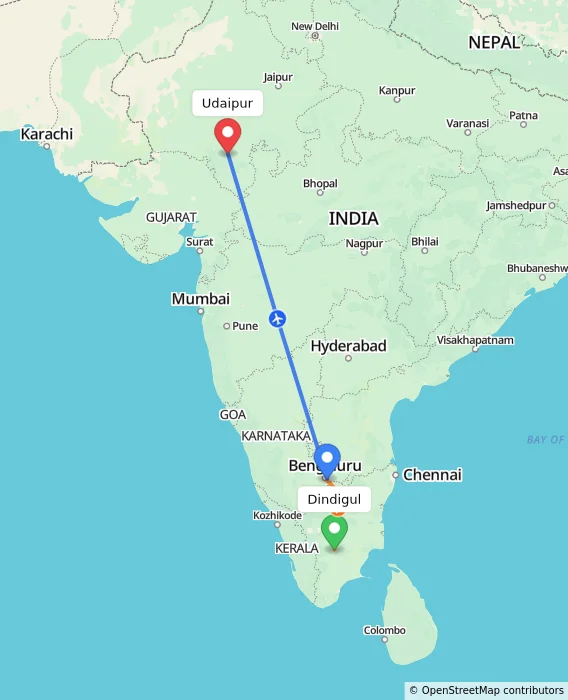 Route map showing distance and travel time from Dindigul, India to Udaipur, India