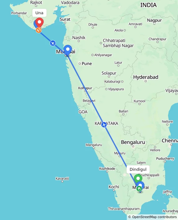 Route map showing distance and travel time from Dindigul, India to Una, India