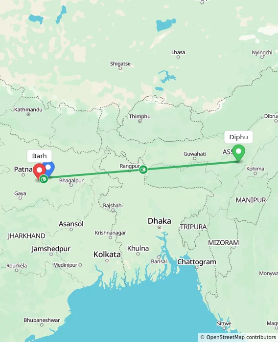 Route map showing distance and travel time from Diphu, India to Barh, India