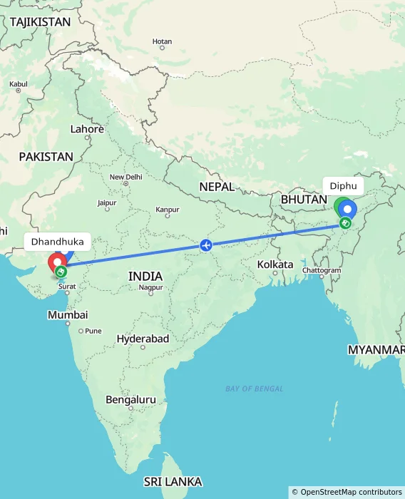 Route map showing distance and travel time from Diphu, India to Dhandhuka, India