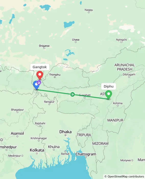 Route map showing distance and travel time from Diphu, India to Gangtok, India
