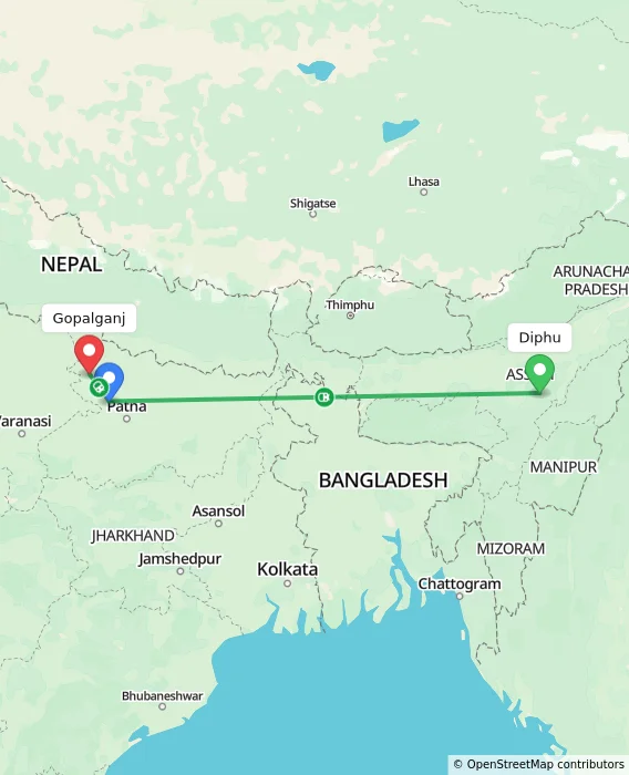 Route map showing distance and travel time from Diphu, India to Gopalganj, India