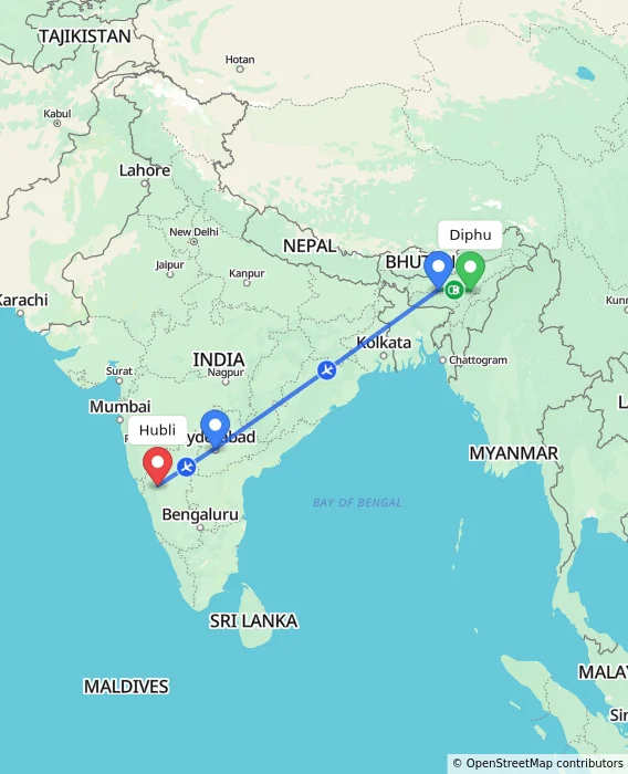 Route map showing distance and travel time from Diphu, India to Hubli, India