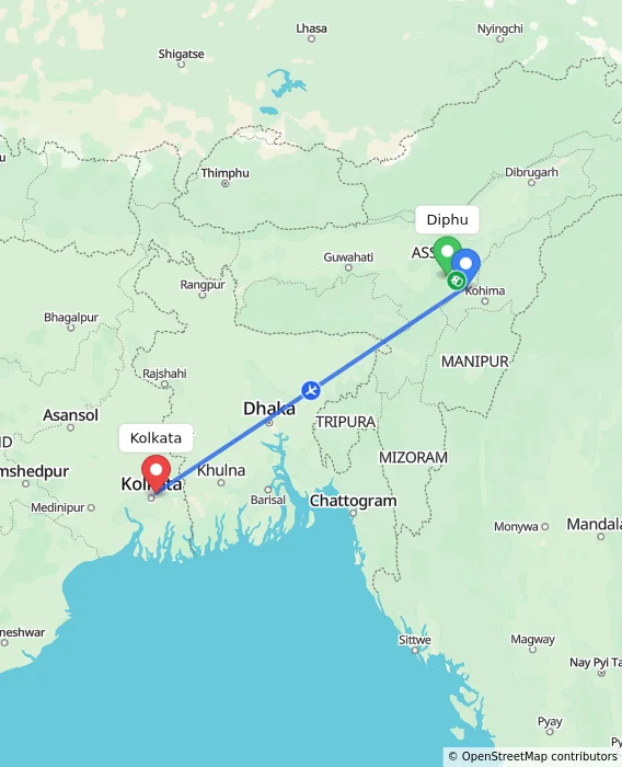 Route map showing distance and travel time from Diphu, India to Kolkata, India