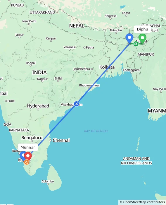 Route map showing distance and travel time from Diphu, India to Munnar, India