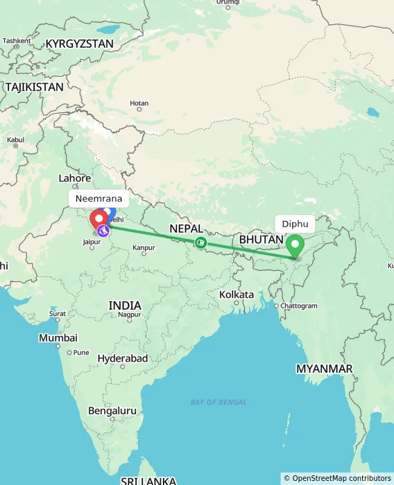 Route map showing distance and travel time from Diphu, India to Neemrana, India