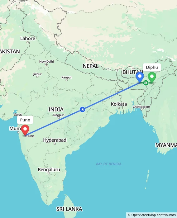 Route map showing distance and travel time from Diphu, India to Pune, India