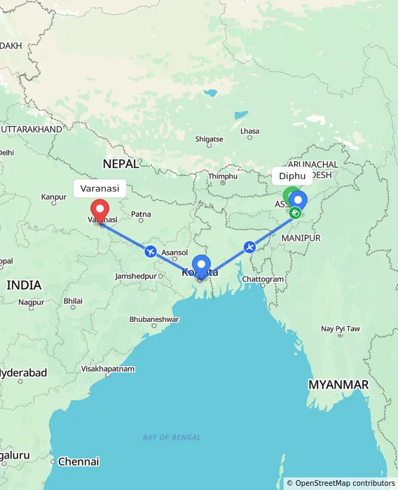 Route map showing distance and travel time from Diphu, India to Varanasi, India