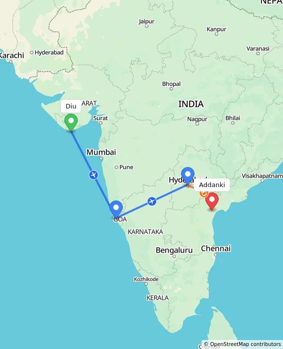 Route map showing distance and travel time from Diu, India to Addanki, India