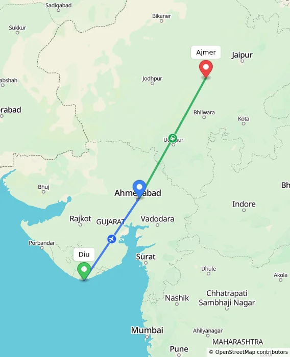 Route map showing distance and travel time from Diu, India to Ajmer, India