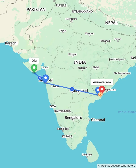 Route map showing distance and travel time from Diu, India to Annavaram, India