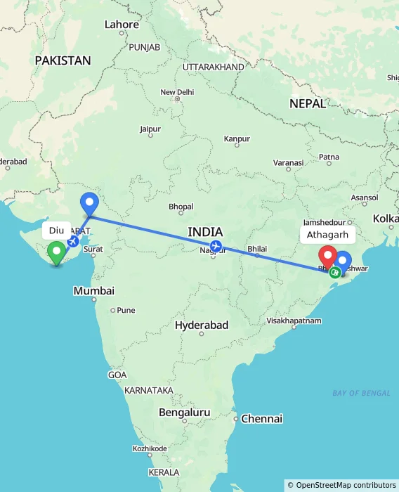 Route map showing distance and travel time from Diu, India to Athagarh, India